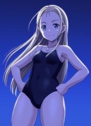 Rule 34 | 1girl, backlighting, blonde hair, blue background, blue eyes, blue one-piece swimsuit, breasts, clenched hand, competition school swimsuit, covered navel, gluteal fold, gradient background, hands on own hips, jewelry, kofune ushio, long hair, looking at viewer, necklace, one-piece swimsuit, school swimsuit, shell, shell necklace, small breasts, smile, standing, summertime render, swimsuit, thighs, vierosky