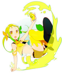 Rule 34 | 1girl, bad id, bad pixiv id, blonde hair, blush, breasts, c.c. lemon, c.c. lemon (character), can, cleavage, food, fruit, gradient hair, green hair, hair ribbon, ika, lemon, midriff, multicolored hair, navel, open mouth, personification, ribbon, small breasts, smile, solo, thighhighs, twintails, two-tone hair, underboob, yellow eyes, yellow theme