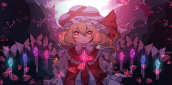 Rule 34 | 1girl, absurdres, adapted costume, asauo, backlighting, blonde hair, bow, bowtie, crystal, flandre scarlet, frilled shirt collar, frills, glowing, glowing eyes, glowing wings, hat, hat ribbon, highres, long hair, looking at viewer, mob cap, one side up, purple theme, red eyes, red ribbon, red vest, ribbon, shirt, solo, touhou, upper body, vest, white bow, white bowtie, white hat, white shirt, wings