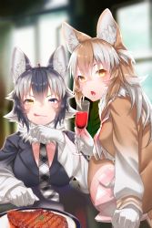 Rule 34 | 2girls, absurdres, ahoge, akuma (st.takuma), alcohol, animal ears, black hair, blue eyes, blush, breasts, brown hair, cup, drinking glass, closed eyes, fang, food, fur collar, gloves, grey wolf (kemono friends), heterochromia, highres, japanese wolf (kemono friends), kemono friends, long hair, looking at viewer, meat, multicolored hair, multiple girls, necktie, open mouth, plaid neckwear, sitting, skirt, smile, tail, tongue, two-tone hair, white gloves, white hair, wine, wine glass, wolf ears, wolf girl, wolf tail, yellow eyes