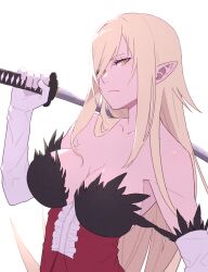 Rule 34 | 1girl, bare shoulders, blonde hair, breasts, closed mouth, dress, elbow gloves, eyelashes, feather-trimmed gloves, frown, gloves, hair over one eye, highres, holding, holding sword, holding weapon, katana, kiss-shot acerola-orion heart-under-blade, kizumonogatari, kokorowatari, large breasts, long hair, looking at viewer, monogatari (series), oshino shinobu, over shoulder, pointy ears, red dress, shimizu tomoki, simple background, solo, strapless, strapless dress, sword, upper body, weapon, weapon over shoulder, white background, white gloves, yellow eyes