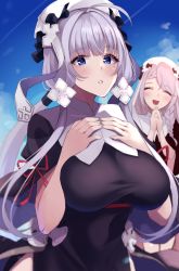 Rule 34 | 2girls, alternate costume, azur lane, blue eyes, blue sky, braid, breasts, cosplay, closed eyes, hands on own chest, highres, illustrious (azur lane), large breasts, long hair, multiple girls, nun, open mouth, short sleeves, side slit, sky, tri tails, vestal (azur lane), vestal (azur lane) (cosplay), wee (weeyy), white hair