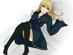 Rule 34 | 1girl, black dress, black thighhighs, blonde hair, blush, breasts, cassock, cleavage, cross, cross necklace, dress, edge (ens18), fate/protoreplica, fate/stay night, fate (series), gender request, genderswap, gilgamesh-ko, gilgamesh (fate), jewelry, knees together feet apart, long hair, lying, necklace, on back, red eyes, smile, solo, thighhighs