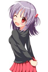 Rule 34 | 1girl, absurdres, breasts, hayate no gotoku!, highres, long sleeves, looking back, one eye closed, open mouth, purple hair, red eyes, segawa izumi, short hair, short twintails, skirt, smile, twintails