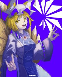 Rule 34 | 1girl, artist name, blonde hair, blue background, breasts, commentary, corporalblake, double fox shadow puppet, dress, fangs, fox girl, fox shadow puppet, fox tail, hat, highres, kitsune, long sleeves, looking at viewer, medium breasts, mob cap, multiple tails, open mouth, short hair, solo, tabard, tail, touhou, white dress, white hat, wide sleeves, yakumo ran, yellow eyes