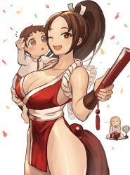 Rule 34 | ..., 1boy, 1girl, ;d, andy bogard, bare legs, blonde hair, blue eyes, bracer, breasts, brown eyes, brown hair, child, cleavage, confetti, fatal fury, hair ribbon, hand fan, highres, holding, holding fan, if they mated, large breasts, long hair, looking at viewer, ninja, one eye closed, open mouth, parted bangs, pelvic curtain, ponytail, revealing clothes, ribbon, shiranui mai, sitting, smile, solo focus, sookmo, standing, teeth, the king of fighters, thighs, trophy, upper teeth only