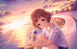 1girl blue_eyes bottle brown_hair building bush cable cloud game_cg holding idolmaster idolmaster_cinderella_girls idolmaster_cinderella_girls_starlight_stage kudo_shinobu ocean official_art open_mouth road shirt solo sparkle street sunset t-shirt traffic_cone water_bottle