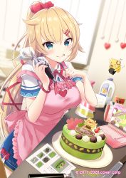 Rule 34 | 1girl, akai haato, akai haato (1st costume), apron, baking, blonde hair, blue eyes, blue skirt, blush, breasts, cake, cake decoration, chocolate, chocolate on face, closed mouth, commentary request, computer, copyright name, food, food on face, haaton (akai haato), hair ornament, hair ribbon, hair scrunchie, hairpin, highres, hololive, indoors, kitchen, knife, laptop, licking lips, long hair, medium breasts, pastry bag, pink apron, pink scrunchie, recipe (object), red ribbon, ribbon, scrunchie, short sleeves, siokazunoko, skirt, smile, solo, tongue, tongue out, very long hair, virtual youtuber