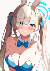 Rule 34 | 1girl, alternate hairstyle, amenocchi, animal ears, aqua leotard, asuna (blue archive), asuna (bunny) (blue archive), blue archive, blue bow, blue bowtie, blue leotard, blush, bow, bowtie, breasts, detached collar, fake animal ears, hair over one eye, halo, highres, large breasts, leotard, light brown hair, long hair, looking at viewer, mole, mole on breast, official alternate costume, playboy bunny, rabbit ears, simple background, smile, solo, strapless, strapless leotard, traditional bowtie, twintails, white background
