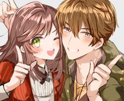 Rule 34 | 1boy, 1girl, :d, blush, brown eyes, brown hair, green eyes, green jacket, grey background, grin, h haluhalu415, index finger raised, jacket, jewelry, long hair, looking at viewer, luke pearce (tears of themis), necklace, one eye closed, open mouth, polo shirt, red jacket, rosa (tears of themis), shirt, short hair, simple background, smile, tears of themis, teeth, white shirt