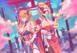 Rule 34 | 2girls, absurdres, alternate costume, arm strap, bangs pinned back, bow, breasts, cleavage, commentary, detached collar, detached sleeves, dragon horns, english commentary, eyepatch, closed eyes, facial tattoo, hair bow, hair bun, highres, holding, holding bow (ornament), holding sword, holding weapon, horns, incense, katana, kobayashi-san chi no maidragon, large breasts, light blush, lucoa (maidragon), maid headdress, mika vas, multiple girls, neckwear between breasts, obi, one eye covered, parted lips, red bow, sash, single hair bun, sword, tattoo, thighhighs, tohru (maidragon), torii, twintails, twitter username, watermark, weapon