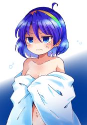 Rule 34 | 1girl, blue eyes, blue hair, blush, closed mouth, commentary request, hair between eyes, hairband, multicolored hairband, navel, pote (ptkan), short hair, sky print, solo, sweat, tears, tenkyuu chimata, touhou, v-shaped eyebrows, wavy mouth
