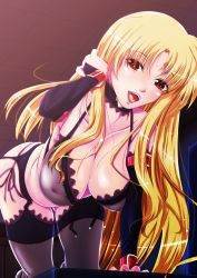 Rule 34 | 00s, 1girl, all fours, belt, black bra, black panties, black thighhighs, blonde hair, blush, bra, breasts, ceiling, collarbone, covered erect nipples, detached sleeves, downblouse, eyebrows, fate testarossa, garter belt, gluteal fold, hand on own head, highres, large breasts, lingerie, long hair, looking at viewer, lyrical nanoha, mahou shoujo lyrical nanoha, mahou shoujo lyrical nanoha strikers, nipples, open belt, open mouth, panties, red eyes, see-through, side-tie panties, solo, sweat, tappa (esperanza), teeth, thighhighs, tongue, underwear, very long hair, wrist cuffs