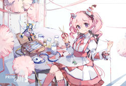 Rule 34 | 2girls, apron, blue hair, bottle, box, braid, chair, closed mouth, collared shirt, commentary request, dress, fairy, fairy wings, frilled skirt, frills, hair between eyes, hat, head tilt, holding, holding needle, holding scissors, juliet sleeves, kneehighs, long hair, long sleeves, looking at viewer, maid, mini hat, mini person, minigirl, multiple girls, needle, on chair, pink hair, pink legwear, pink neckwear, pink skirt, princess connect!, puffy sleeves, purple dress, purple eyes, scissors, shadowsinking, shirt, sitting, skirt, smile, socks, spool, table, thread, tilted headwear, transparent wings, tsumugi (princess connect!), twin braids, twintails, very long hair, waist apron, white apron, white shirt, wings