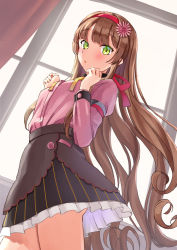 Rule 34 | 1girl, black skirt, brown hair, commentary request, cowboy shot, flower, from behind, green eyes, hair flower, hair ornament, hairband, helena (kancolle), kantai collection, long hair, long sleeves, looking at viewer, mayura (lucadia), neck ribbon, official alternate costume, pink shirt, ribbon, shirt, skirt, solo, standing, striped clothes, striped skirt, window, yellow ribbon