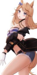 Rule 34 | 1girl, absurdres, animal ears, bandeau, bare shoulders, belt, black belt, black choker, black jacket, blonde hair, blue bow, blue eyes, blush, bow, breasts, choker, commentary, cowboy shot, cutoffs, denim, denim shorts, gloves, gold city (umamusume), hair bow, highres, horse ears, jacket, large breasts, long hair, long sleeves, looking at viewer, midriff, momosuki, nail polish, navel, off shoulder, parted lips, short shorts, shorts, simple background, single glove, solo, standing, stomach, strapless, striped bandeau, tail, thighs, tube top, umamusume, white background, white gloves