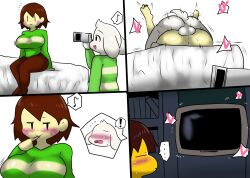 1girl 2boys asriel_dreemurr ass breasts brown_hair chara_(undertale) clothes colored_skin enigi09 erection frisk_(undertale) furry furry_male furry_with_non-furry grabbing grabbing_another&#039;s_breast heart highres huge_testicles interspecies kiss large_breasts leg_up lying lying_on_person mating_press medium_hair multiple_boys nude on_person open_mouth oral partially_undressed sex speech_bubble testicles tongue tongue_out undertale vaginal yellow_skin