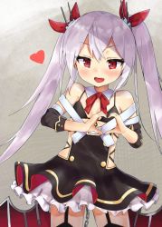 Rule 34 | 1girl, :d, azur lane, black bra, black thighhighs, bra, commentary request, detached collar, garter straps, hair ornament, hair ribbon, heart, heart hands, long hair, looking at viewer, low wings, open mouth, racchi., red eyes, ribbon, silver hair, smile, solo, thighhighs, twintails, underwear, vampire (azur lane), wings