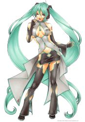 Rule 34 | 1girl, breasts, detached sleeves, green hair, hatsune miku, highres, long hair, miniskirt, skirt, solo, thighhighs, twintails, very long hair, vocaloid, zin amami