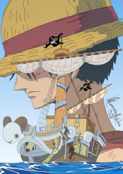 Rule 34 | 1boy, artist request, broken, damaged, enies lobby, flag, going merry, hat, highres, jolly roger, male focus, monkey d. luffy, ocean, one piece, outdoors, pirate, scar, ship, solo, source request, straw hat, water, watercraft