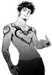Rule 34 | 1boy, abs, black hair, chest tattoo, earrings, greyscale, happy, highres, jewelry, looking at viewer, middle finger, monochrome, mrs.custard, navel, nipples, one piece, short hair, signature, simple background, smile, solo, standing, tattoo, trafalgar law, white background