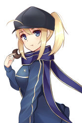Rule 34 | 1girl, :t, ahoge, artoria pendragon (fate), bad id, bad pixiv id, baseball cap, black hat, blonde hair, blue eyes, blue jacket, blue scarf, fate/grand order, fate (series), food, from side, frontera, hair between eyes, hat, high ponytail, holding, holding food, jacket, long hair, long sleeves, looking at viewer, multiple girls, mysterious heroine x (fate), scarf, sidelocks, simple background, solo, standing, upper body, white background