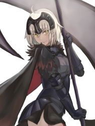 Rule 34 | 1girl, absurdres, ahoge, armor, armored dress, breasts, cloak, eyebrows hidden by hair, fate/grand order, fate (series), flag, grey hair, headpiece, highres, holding, holding flag, jeanne d&#039;arc alter (avenger) (fate), jeanne d&#039;arc alter (fate), looking at viewer, short hair, simple background, skirt, smile, solo, taruto (takug0812), white background, yellow eyes