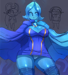 Rule 34 | 1boy, 2girls, :&lt;, alternate legwear, blue eyes, blue hair, blue skin, breasts, cape, chibi, chibi inset, cleavage, colored skin, curvy, dress, fi (zelda), gem, large breasts, link, maniacpaint, matching hair/eyes, midna, multiple girls, nintendo, no arms, panties, pantyshot, parted bangs, short dress, solo, standing, sword, the legend of zelda, the legend of zelda: skyward sword, the legend of zelda: twilight princess, thick thighs, thighhighs, thighs, underwear, weapon