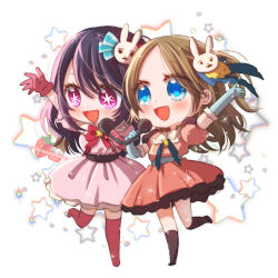 2girls arm_up black_hair blue_eyes blush brown_hair character_request chibi chocotomamenoki dress gloves hair_ornament hoshino_ai long_hair multiple_girls oshi_no_ko parted_bangs pink_dress rabbit_hair_ornament red_dress red_gloves smile sparkle star_(symbol) tendouji_sarina watermark