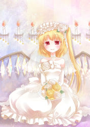 Rule 34 | 1girl, alternate costume, bad id, bad pixiv id, bare shoulders, blonde hair, bouquet, bridal veil, bride, candle, choker, colored eyelashes, crystal, diamond (gemstone), dress, female focus, flandre scarlet, flower, gradient background, hair flower, hair ornament, holding, holding bouquet, mito tsubaki, plant, red eyes, see-through, side ponytail, solo, touhou, veil, wedding dress