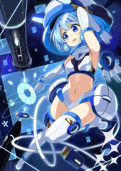 Rule 34 | 1girl, absurdres, blue eyes, blue hair, boots, bracelet, breasts, crop top, detached sleeves, elbow gloves, gloves, hat, highres, index finger raised, jewelry, matching hair/eyes, midriff, navel, open mouth, panties, pixiv, pixiv-tan, short hair, sideboob, small breasts, solo, stylus, thigh boots, thighhighs, underwear, wara (warapro), white footwear, white gloves, white panties