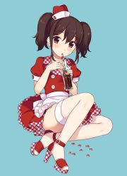 Rule 34 | 1girl, apron, bad id, bad pixiv id, blue background, bottle, brown eyes, brown hair, coca-cola, coke bottle, dress, drinking straw, hat, high heels, highres, looking at viewer, maki (natoriumu), nuka cola, original, pantyhose, puffy short sleeves, puffy sleeves, red dress, sandals, short sleeves, simple background, solo, thigh strap, twintails, waist apron, waitress