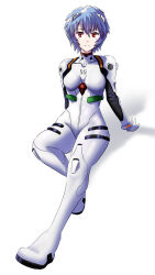 Rule 34 | 1girl, absurdres, arm support, ayanami rei, blue hair, bodysuit, breasts, closed mouth, frown, full body, hairpods, highres, interface headset, knee up, looking at viewer, marco olier, medium breasts, neon genesis evangelion, pilot suit, plugsuit, red eyes, short hair, simple background, sitting, solo, white background, white bodysuit