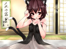 Rule 34 | 2girls, animal ears, babydoll, bad id, bad pixiv id, bare shoulders, blush, brown hair, cat ears, cat girl, cat tail, chen, female focus, groin, izumi yuuji (trace kouhosei), multiple girls, multiple tails, no panties, paw pose, peeking, pussy, red eyes, see-through, strap slip, tail, tongue, touhou, uncensored, when you see it, yakumo ran