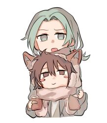Rule 34 | 1boy, 1girl, animal ears, aqua eyes, aqua hair, blush stickers, brown eyes, brown hair, chinese commentary, closed mouth, commentary request, enomoto noa, fox ears, grey jacket, hair bobbles, hair ornament, highres, isoi haruki, jacket, long sleeves, low ponytail, open clothes, open jacket, open mouth, parted bangs, saibou shinkyoku, shirt, short hair, shuijiaohao, side ponytail, simple background, smile, white background, white shirt
