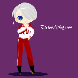 Rule 34 | 1boy, :&gt;, blue eyes, character name, finger to mouth, hair over one eye, hand on own hip, heart, heart-shaped pupils, highres, ice skates, kaorin minogue, male focus, purple background, silver hair, skates, sparkle, symbol-shaped pupils, track suit, viktor nikiforov, yuri!!! on ice