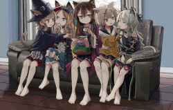 Rule 34 | 5girls, animal ears, arknights, barefoot, cat ears, cat girl, cat tail, chips (food), closed eyes, eating, feeding, feet, food, food in mouth, hair ribbon, hat, haze (arknights), iris (arknights), mint (arknights), multiple girls, nightmare (arknights), potato chips, ribbon, sixten, skyfire (arknights), tail, toes, trait connection, witch hat
