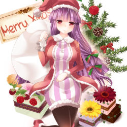 Rule 34 | 1girl, adapted costume, blush, breasts, christmas tree, cowboy shot, flower, fur trim, gift, hat, large breasts, long hair, looking at viewer, maki (seventh heaven maxion), merry christmas, over shoulder, pantyhose, patchouli knowledge, purple eyes, purple hair, sack, santa costume, santa hat, smile, solo, team shanghai alice, touhou, very long hair
