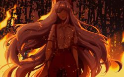Rule 34 | 1girl, arson, bad id, bad pixiv id, baggy pants, bamboo, bamboo forest, bow, collared shirt, fire, forest, fujiwara no mokou, hair bow, hands in pocket, highres, linmiee, lips, long hair, nature, pants, red eyes, red pants, ribbon, shirt, short sleeves, silver hair, solo, suspenders, touhou, very long hair, white shirt