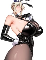 Rule 34 | 1girl, alternate costume, animal ears, arind yudha, artoria pendragon (fate), artoria pendragon (lancer alter) (fate), bare shoulders, black bow, black bowtie, black gloves, black leotard, blush, bow, bowtie, breasts, elbow gloves, fake animal ears, fake tail, fate/grand order, fate (series), gloves, hand up, highres, huge breasts, leotard, looking at viewer, medium hair, pantyhose, parted lips, playboy bunny, rabbit ears, rabbit tail, simple background, solo, tail, white background, wrist cuffs, yellow eyes