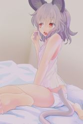 Rule 34 | 1girl, animal ears, bare shoulders, barefoot, bed, feet, grey hair, indoors, ishikkoro, mouse ears, mouse tail, nazrin, open mouth, panties, red eyes, short hair, sitting, soles, solo, tail, touhou, underwear, wariza, white panties