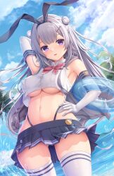 Rule 34 | 1girl, animal ears, arm up, black skirt, blue sky, breasts, cevio, cloud, commentary request, covered erect nipples, day, double bun, elbow gloves, fake animal ears, gloves, grey hair, hair bun, halter shirt, halterneck, hand on own hip, highleg, highleg panties, highres, innertube, koharu rikka, long hair, looking at viewer, medium breasts, miniskirt, navel, ocean, open mouth, palm tree, panties, pleated skirt, purple eyes, rabbit ears, shirt, skirt, sky, smile, solo, swim ring, synthesizer v, thighhighs, tree, umitonakai, underwear, white gloves, white shirt, white thighhighs