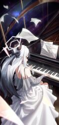 Rule 34 | 1girl, absurdres, black horns, blue archive, demon horns, dress, grand piano, grey hair, grey halo, halo, highres, horns, instrument, kayoko (blue archive), korean commentary, long hair, long sleeves, ly 7317, music, piano, piano keys, playing instrument, playing piano, red eyes, revision, sheet music, solo, white dress