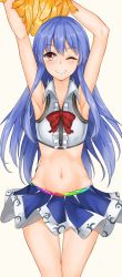 Rule 34 | 1girl, ;), adapted costume, armpits, arms up, blue hair, blush, breasts, cheerleader, hinanawi tenshi, long hair, looking at viewer, midriff, momo retasu, navel, one eye closed, pom pom (cheerleading), red eyes, simple background, small breasts, smile, solo, touhou, white background