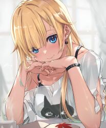 Rule 34 | 1girl, absurdres, aizawa ema, animal print, blonde hair, blue eyes, blush, bra strap, cat print, closed mouth, earrings, head rest, highres, jewelry, leaning forward, long hair, looking at viewer, ruo19, shirt, short sleeves, smile, solo, upper body, virtual youtuber, vspo!, white shirt