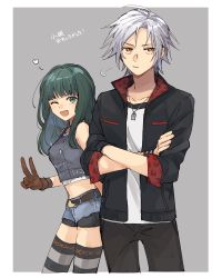 Rule 34 | 1boy, 1girl, animal print, bare shoulders, black jacket, black pants, blue eyes, border, breasts, brown eyes, brown gloves, crop top, crossed arms, denim, denim shorts, final fantasy, final fantasy vii, final fantasy vii remake, gloves, green hair, grey background, grey shirt, heart, jacket, jewelry, kyrie canaan, leslie kyle, long hair, medium breasts, midriff, necklace, one eye closed, open mouth, pants, parted bangs, shirt, short hair, short shorts, shorts, sleeves rolled up, smile, square enix, striped clothes, striped legwear, striped thighhighs, teeth, thighhighs, tooru (jux), upper teeth only, v, white shirt, wristband
