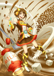 Rule 34 | &gt; &lt;, 1girl, 33333 33333, blush stickers, boots, brown hair, coffee, detached sleeves, drinking straw, closed eyes, hand on own hip, headphones, highres, looking at viewer, milk, open mouth, personification, short hair, skirt, smile, solo, spoon, sugar cube, yukico-tan, yukijirushi