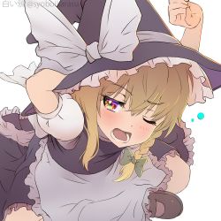 Rule 34 | 1girl, blonde hair, blurry, blush, bow, braid, broom, depth of field, dutch angle, hat, hat bow, kirisame marisa, long hair, lower teeth only, one eye closed, open mouth, puffy short sleeves, puffy sleeves, revision, shiroi karasu, short sleeves, simple background, solo, squeans, teeth, touhou, white background, white bow, witch hat, yawning, yellow eyes