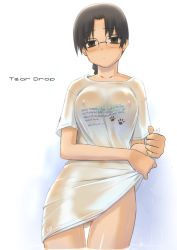 Rule 34 | 1girl, braid, breasts, covered erect nipples, glasses, hoshina tomoko, medium breasts, see-through, solo, thighs, to heart, to heart (series), tsuina, wet