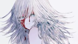 Rule 34 | 1girl, bad id, bad twitter id, bleeding, blood, blue eyes, blush, closed mouth, dripping, grey background, grey hair, highres, light blush, long hair, looking at viewer, looking back, nude, original, samejima nurie, simple background, solo, upper body